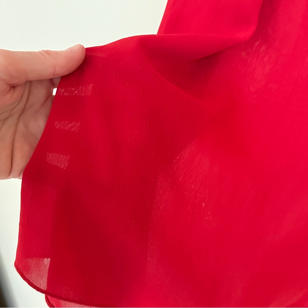Vintage A-Line Midi Dress Size S Sheer Elastic Waist Solid Red Retro Feminine - Picture 9 of 11